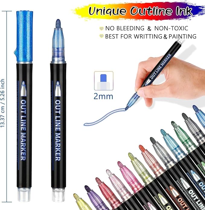 Qatalitic 12 Pcs Double Line Chisel Point Outline Pens