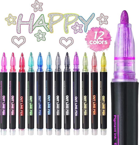 Qatalitic 12 Pcs Double Line Chisel Point Outline Pens