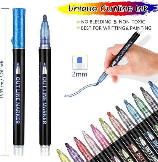Qatalitic 12 Pcs Double Line Chisel Point Outline Pens
